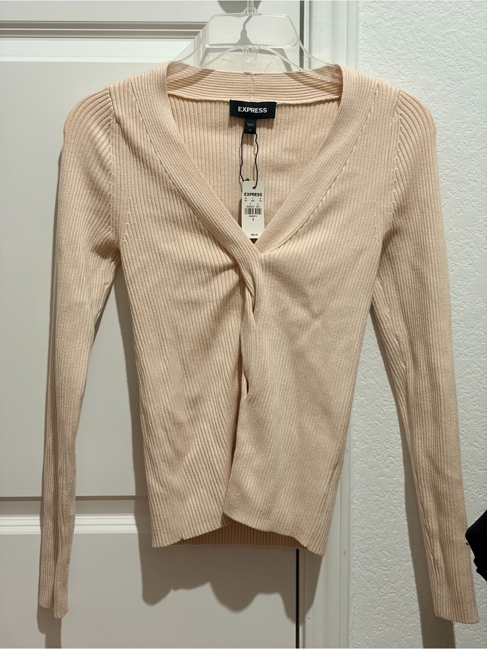Express Beige Ribbed V-Neck Twist Front Sweater